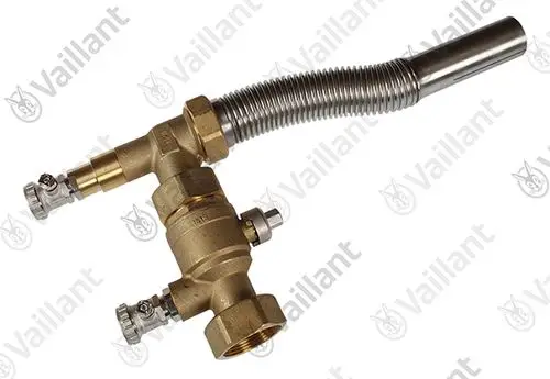 Vaillant Ventil mit flexibler Metallleitung und Anschlussstücken, geeignet für Heizungsanwendungen.